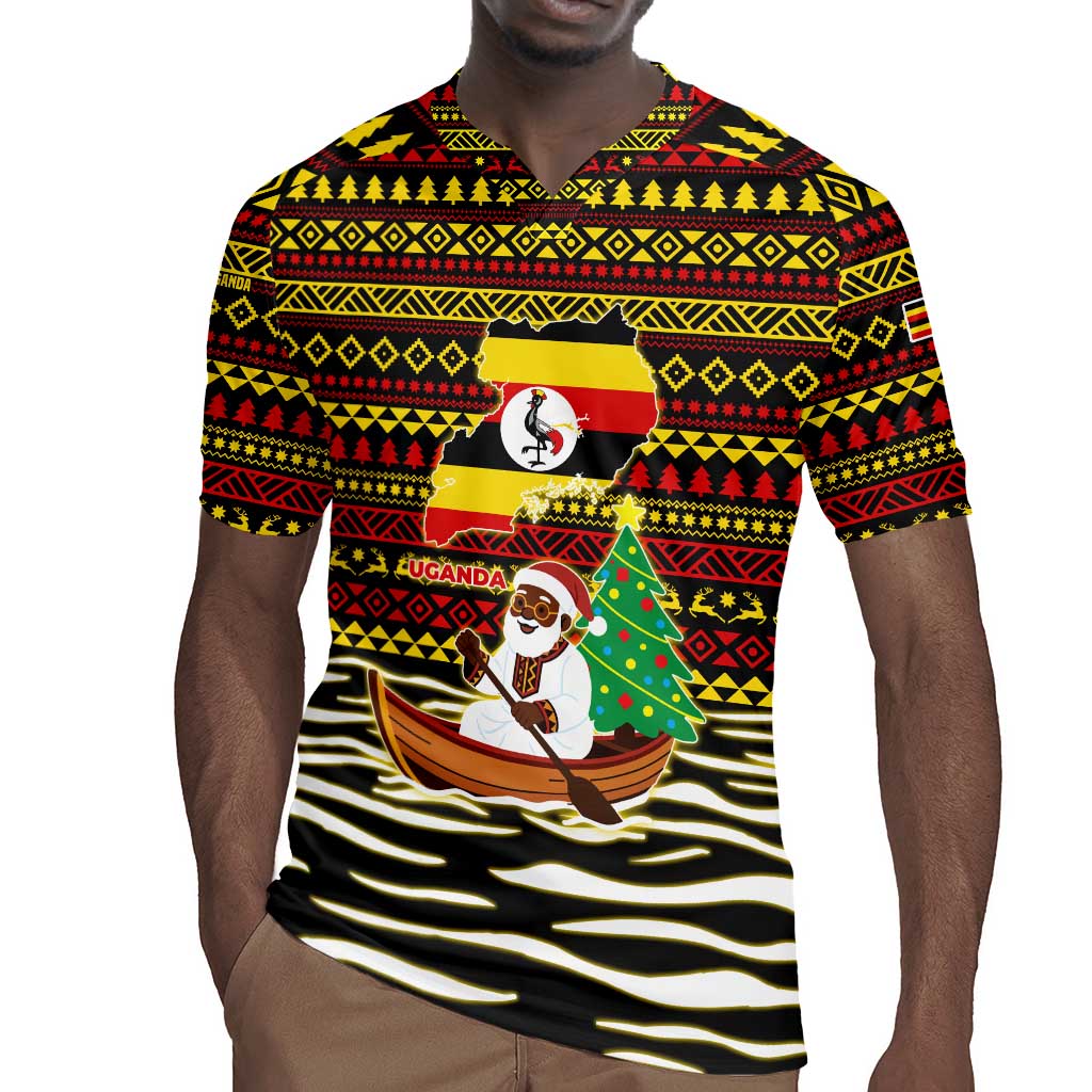 Uganda Christmas Rugby Jersey Santa in Canoe Christmas Tree Uganda Map Flag - African Pride
