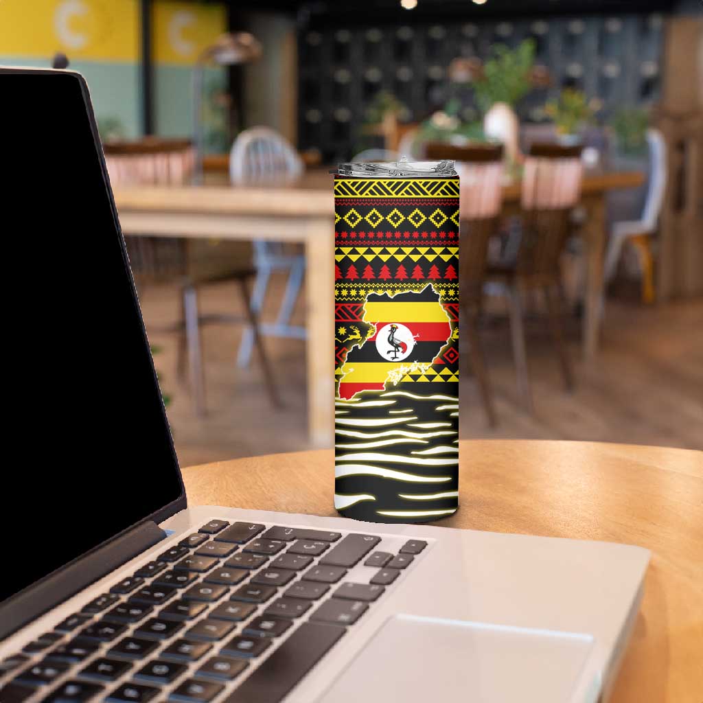 Uganda Christmas Skinny Tumbler Santa in Canoe Christmas Tree Uganda Map Flag - African Pride