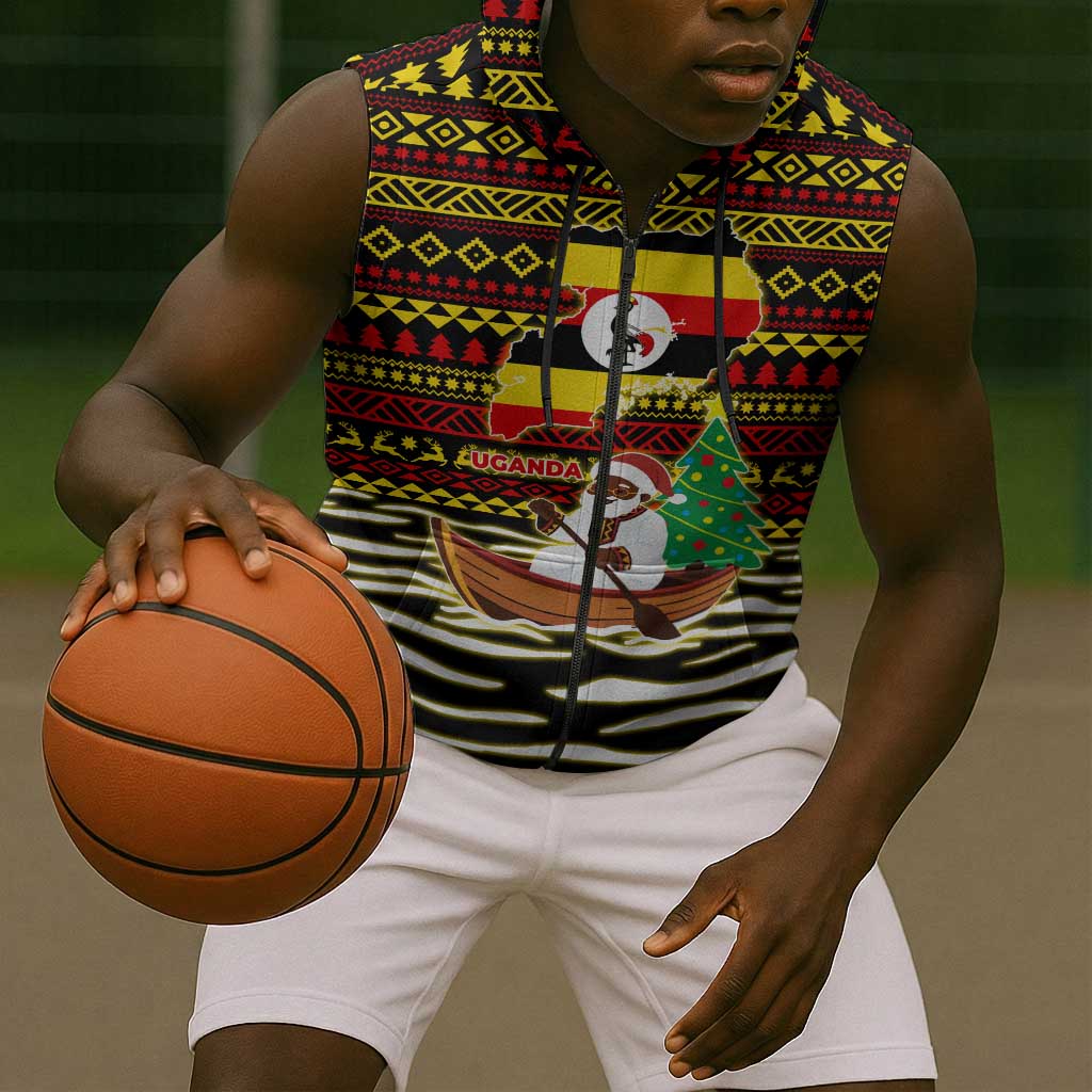 Uganda Christmas Sleeveless Zip Hoodie Santa in Canoe Christmas Tree Uganda Map Flag - African Pride