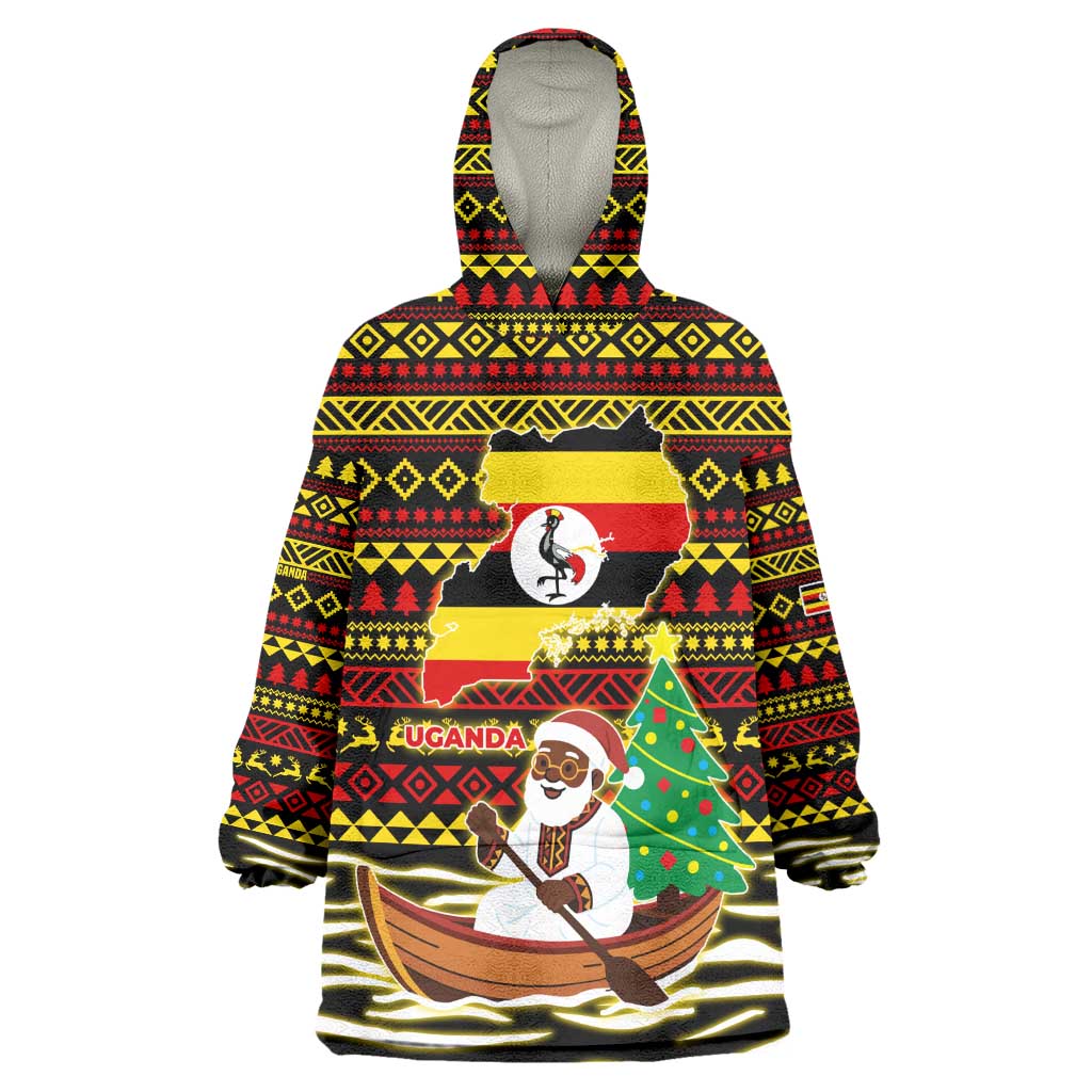 Uganda Christmas Wearable Blanket Hoodie Santa in Canoe Christmas Tree Uganda Map Flag - African Pride