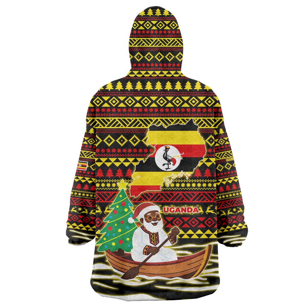 Uganda Christmas Wearable Blanket Hoodie Santa in Canoe Christmas Tree Uganda Map Flag - African Pride