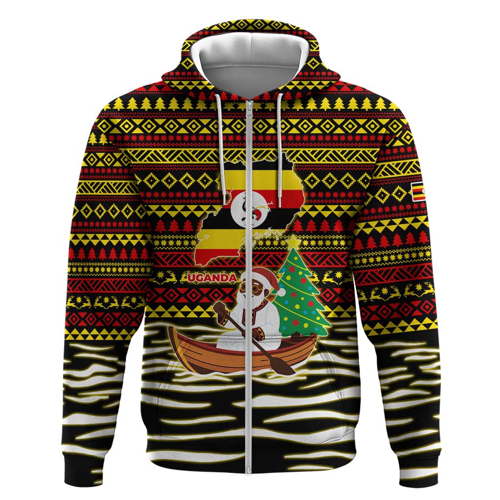 Uganda Christmas Zip Hoodie Santa in Canoe Christmas Tree Uganda Map Flag - African Pride