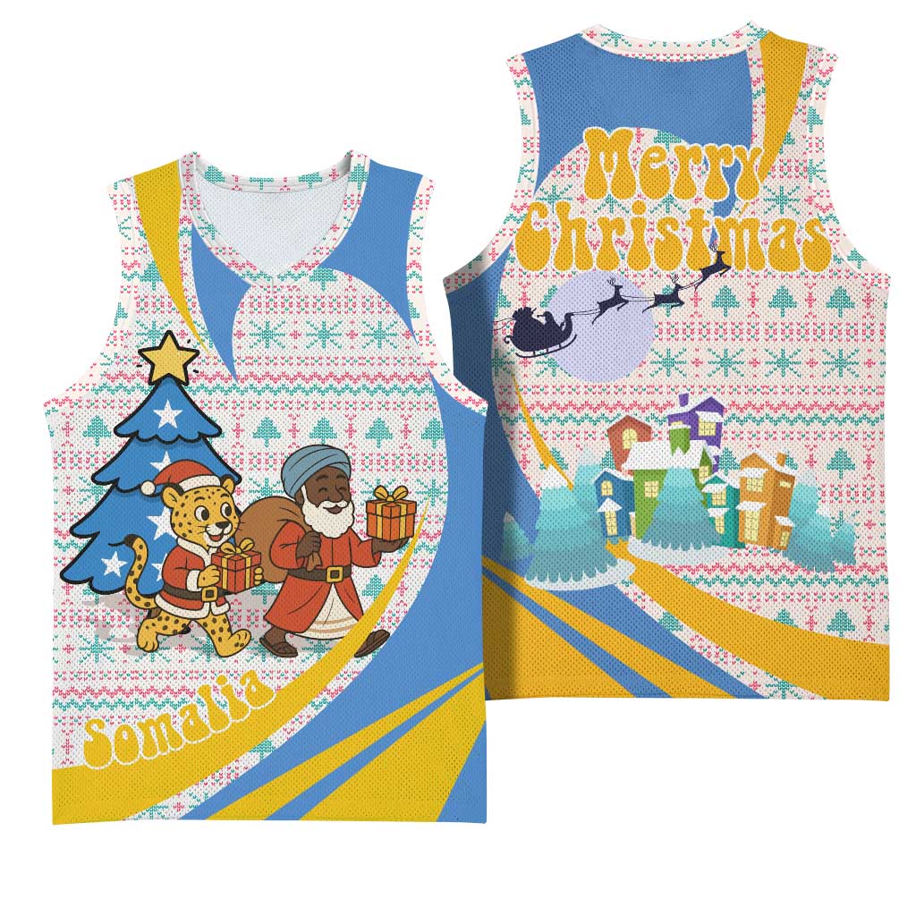 Somalia Christmas Basketball Jersey Santa Cheetah Christmas Tree Village Scene and Festive Snowflake TS04