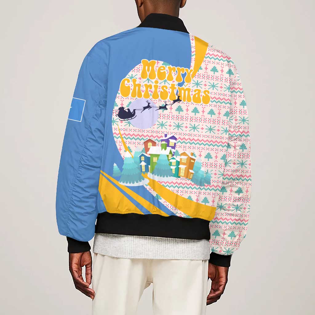 Somalia Christmas Bomber Jacket Santa Cheetah Christmas Tree Village Scene and Festive Snowflake - African Pride