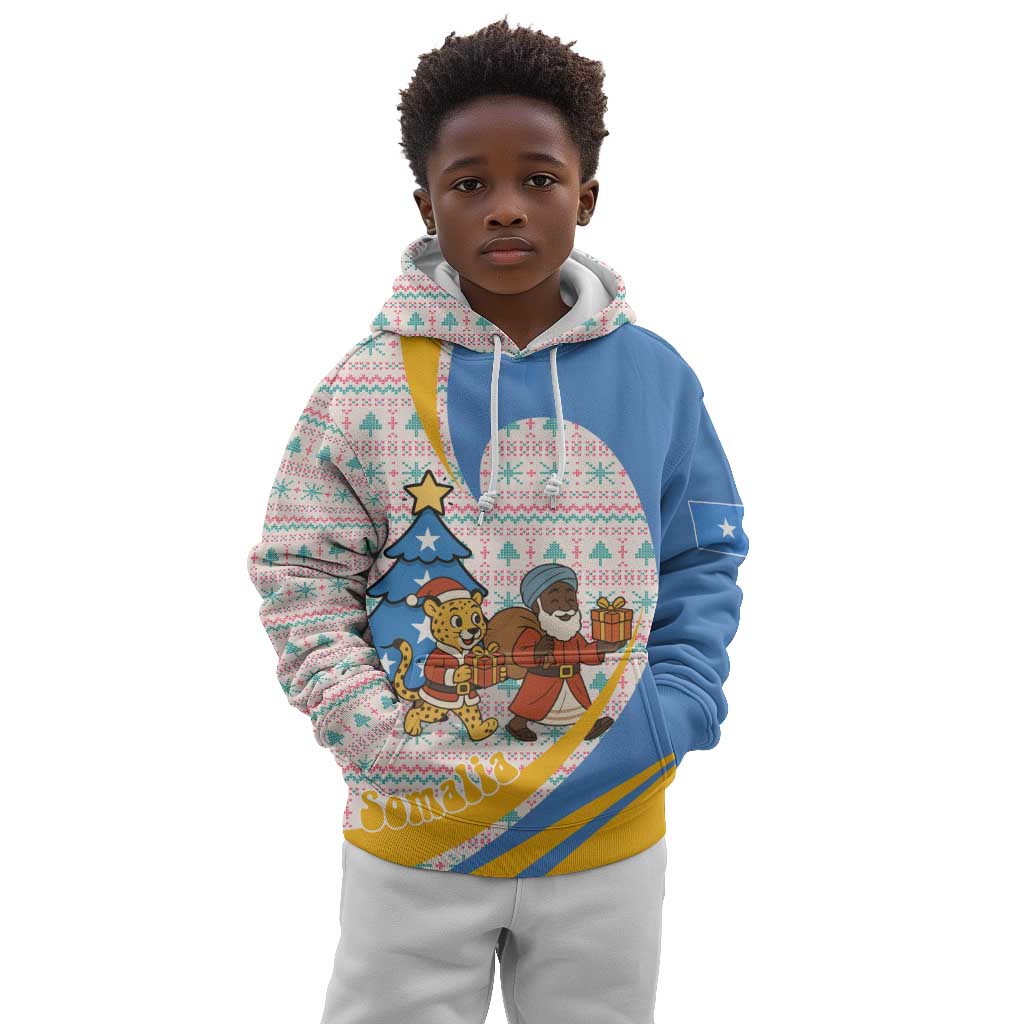 Somalia Christmas Kid Hoodie Santa Cheetah Christmas Tree Village Scene and Festive Snowflake - African Pride