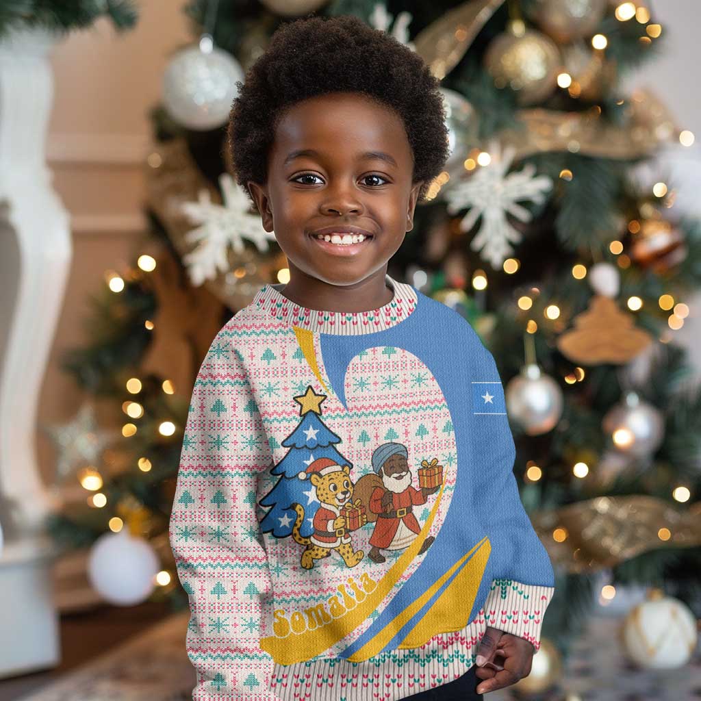 Somalia Christmas Kid Ugly Christmas Sweater Santa Cheetah Christmas Tree Village Scene and Festive Snowflake - African Pride