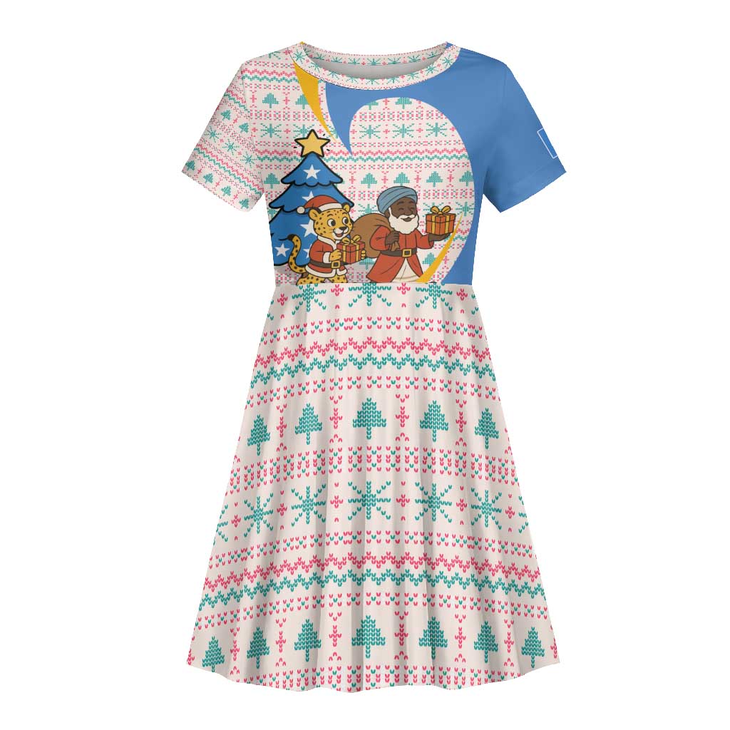 Somalia Christmas Kid Short Sleeve Dress Santa Cheetah Christmas Tree Village Scene and Festive Snowflake - African Pride