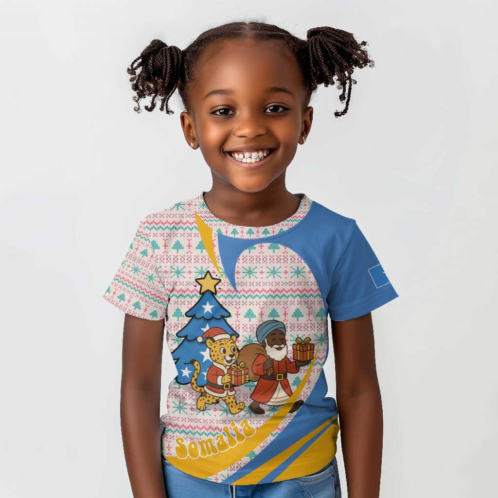 Somalia Christmas Kid T shirt Santa Cheetah Christmas Tree Village Scene and Festive Snowflake - African Pride