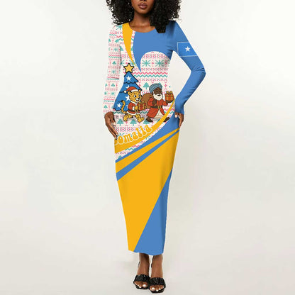 Somalia Christmas Long Sleeve Bodycon Dress Santa Cheetah Christmas Tree Village Scene and Festive Snowflake - African Pride