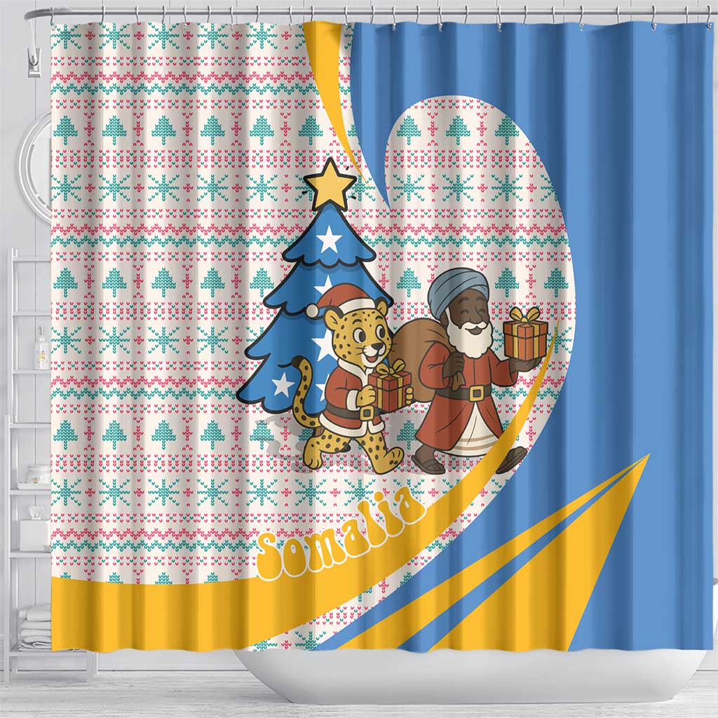 Somalia Christmas Shower Curtain Santa Cheetah Christmas Tree Village Scene and Festive Snowflake - African Pride