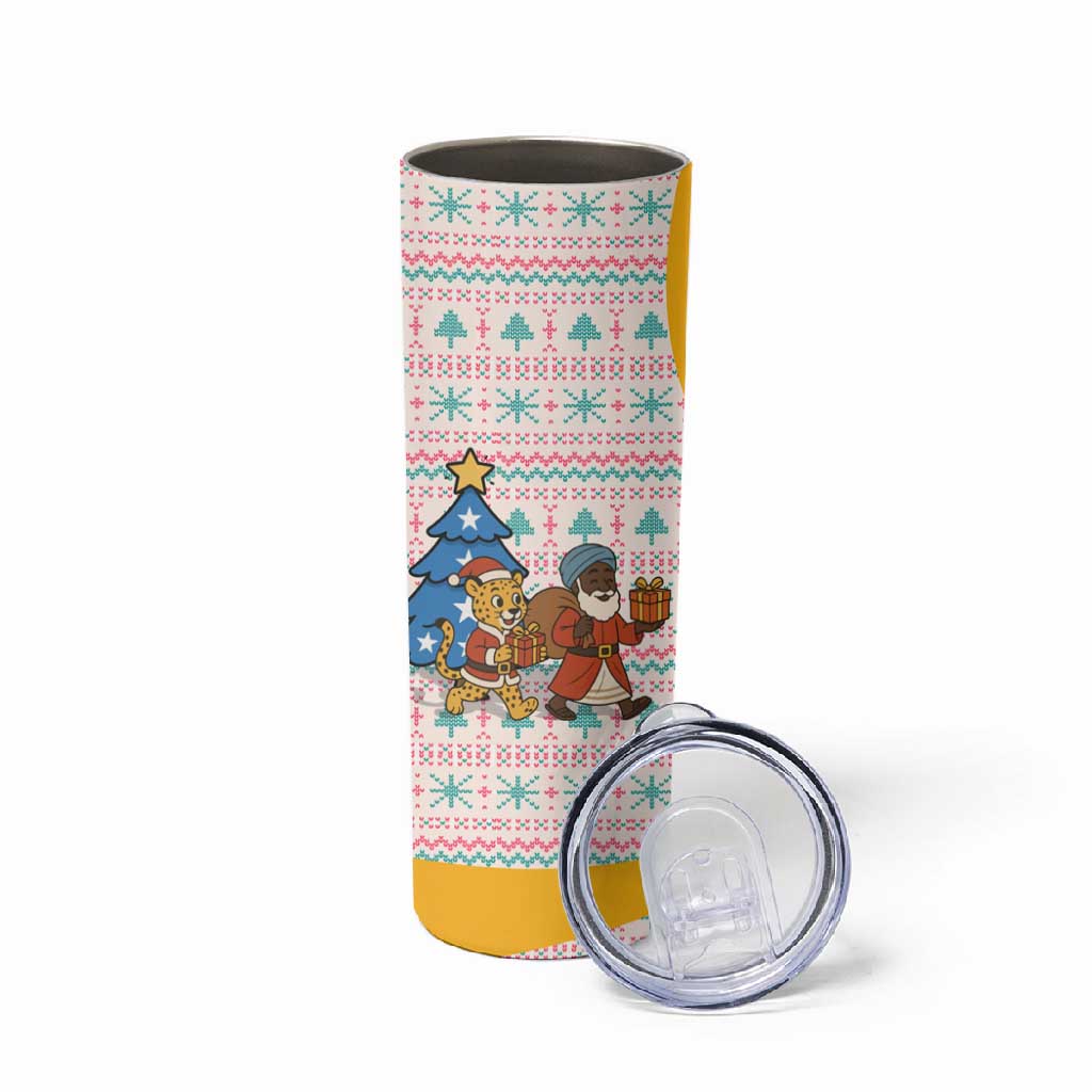 Somalia Christmas Skinny Tumbler Santa Cheetah Christmas Tree Village Scene and Festive Snowflake - African Pride