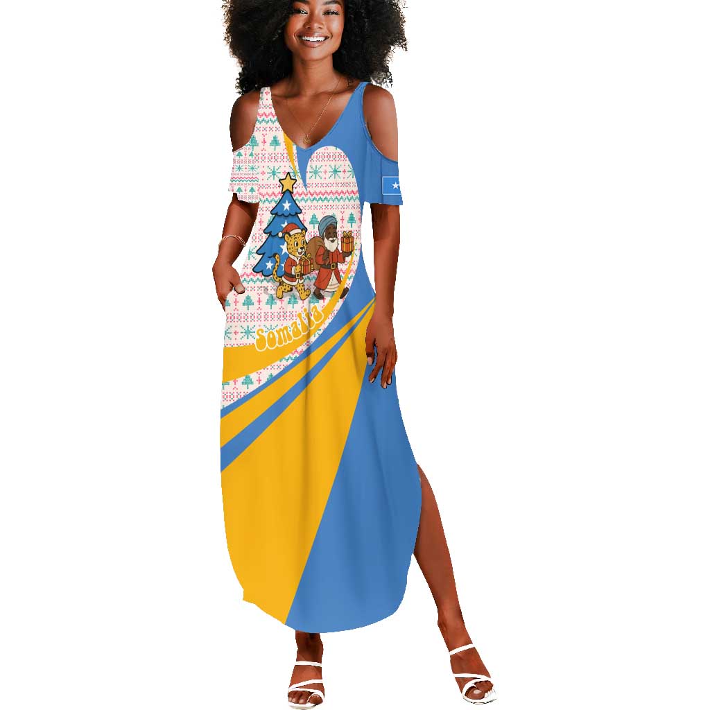 Somalia Christmas Summer Maxi Dress Santa Cheetah Christmas Tree Village Scene and Festive Snowflake - African Pride