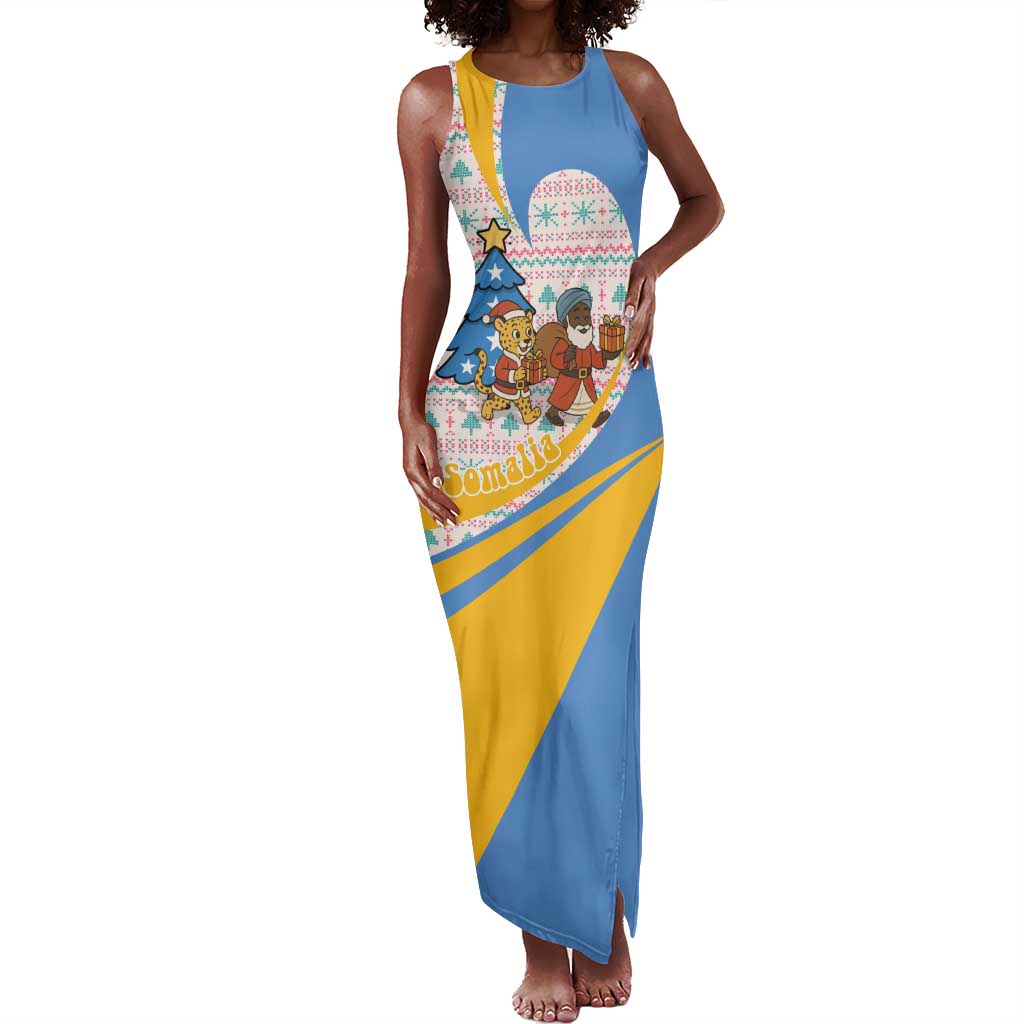 Somalia Christmas Tank Maxi Dress Santa Cheetah Christmas Tree Village Scene and Festive Snowflake - African Pride