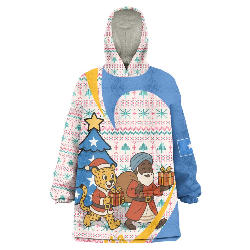 Somalia Christmas Wearable Blanket Hoodie Santa Cheetah Christmas Tree Village Scene and Festive Snowflake - African Pride