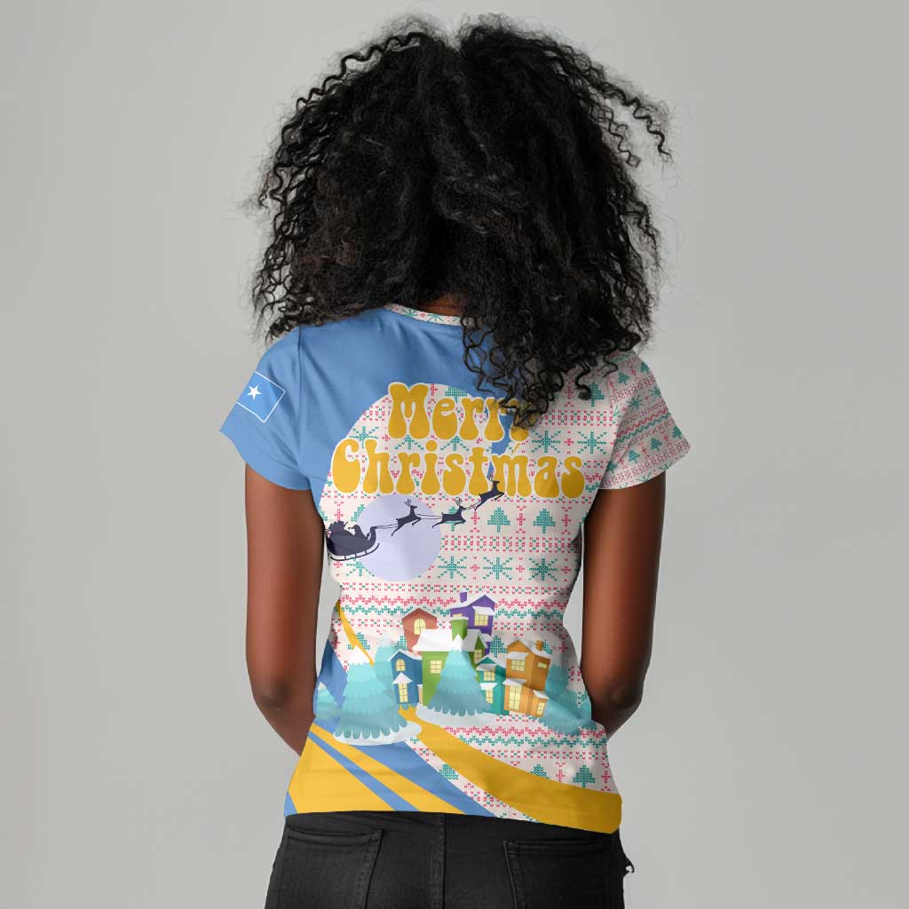 Somalia Christmas Women V-Neck T-Shirt Santa Cheetah Christmas Tree Village Scene and Festive Snowflake - African Pride
