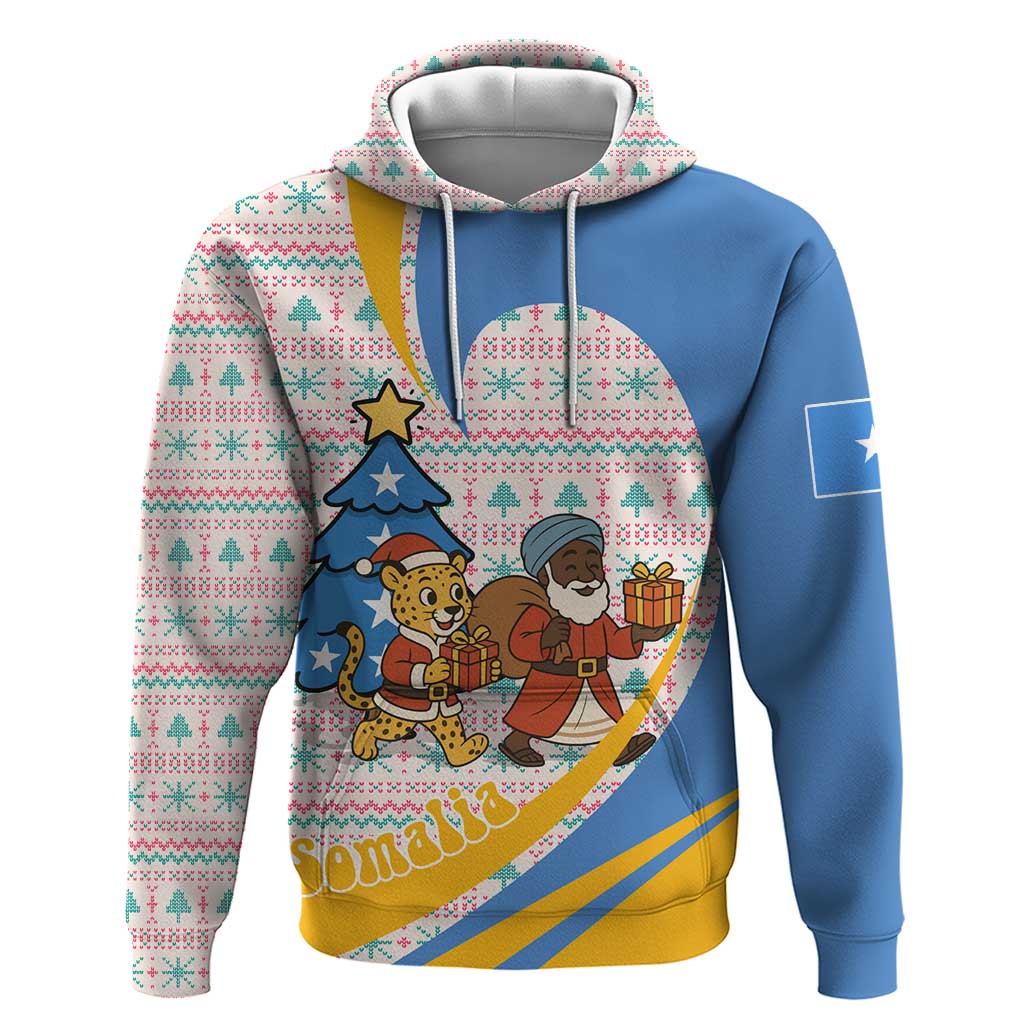 Somalia Christmas Zip Hoodie Santa Cheetah Christmas Tree Village Scene and Festive Snowflake - African Pride