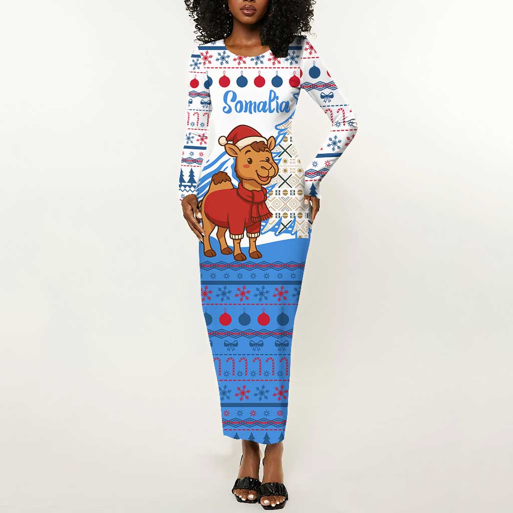 Somalia Christmas Long Sleeve Bodycon Dress Santa on Camel Christmas Tree Ornaments Candy Canes and Snowflake - African Pride