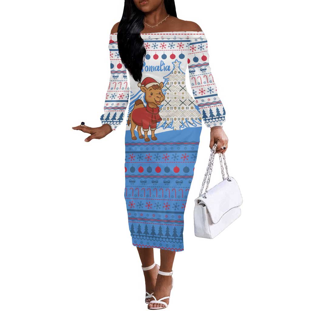 Somalia Christmas Off The Shoulder Long Sleeve Dress Santa on Camel Christmas Tree Ornaments Candy Canes and Snowflake - African Pride