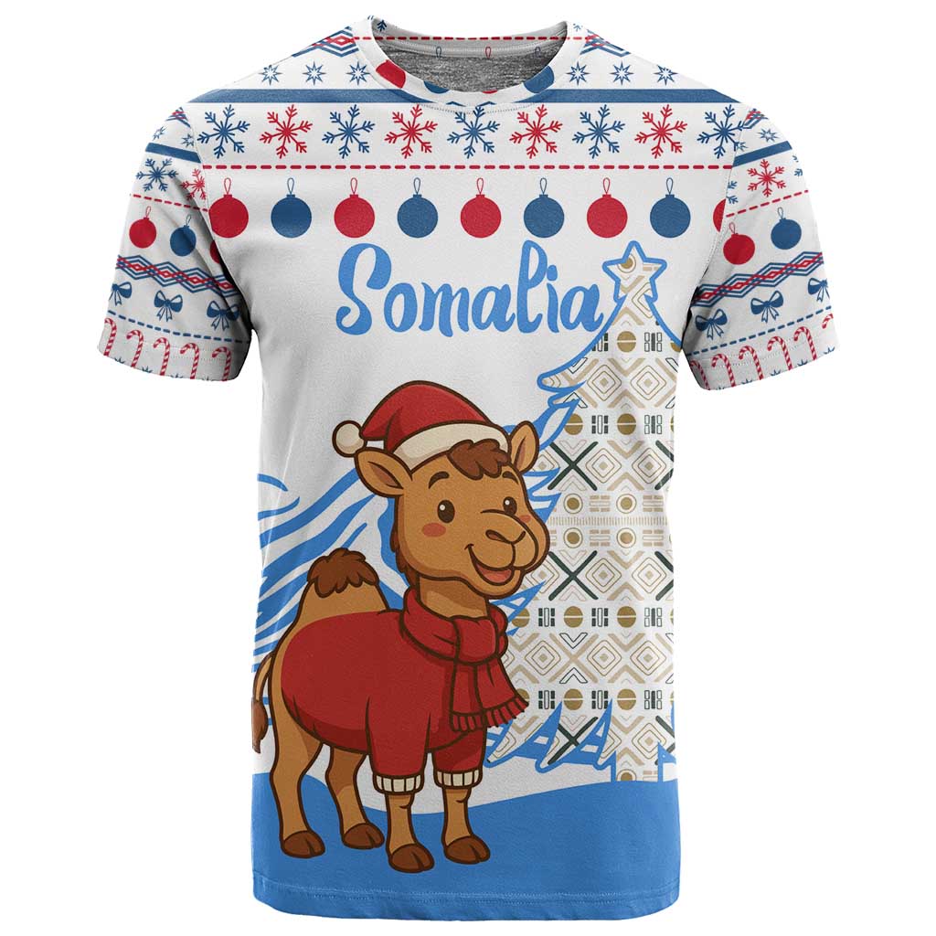 Somalia Christmas T shirt Santa on Camel Christmas Tree Ornaments Candy Canes and Snowflake - African Pride