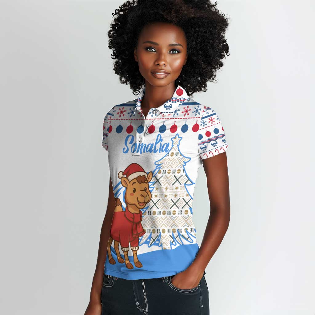 Somalia Christmas Women Polo Shirt Santa on Camel Christmas Tree Ornaments Candy Canes and Snowflake - African Pride
