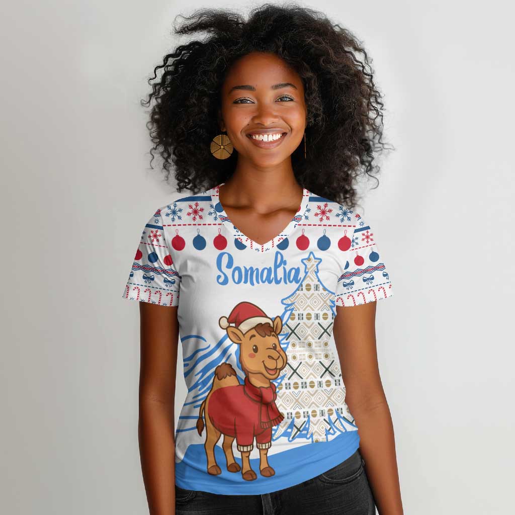 Somalia Christmas Women V-Neck T-Shirt Santa on Camel Christmas Tree Ornaments Candy Canes and Snowflake - African Pride