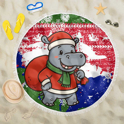Gambia Christmas Beach Blanket Santa Hippo National Coat of Arms Snowflakes and Festive Holiday - African Pride