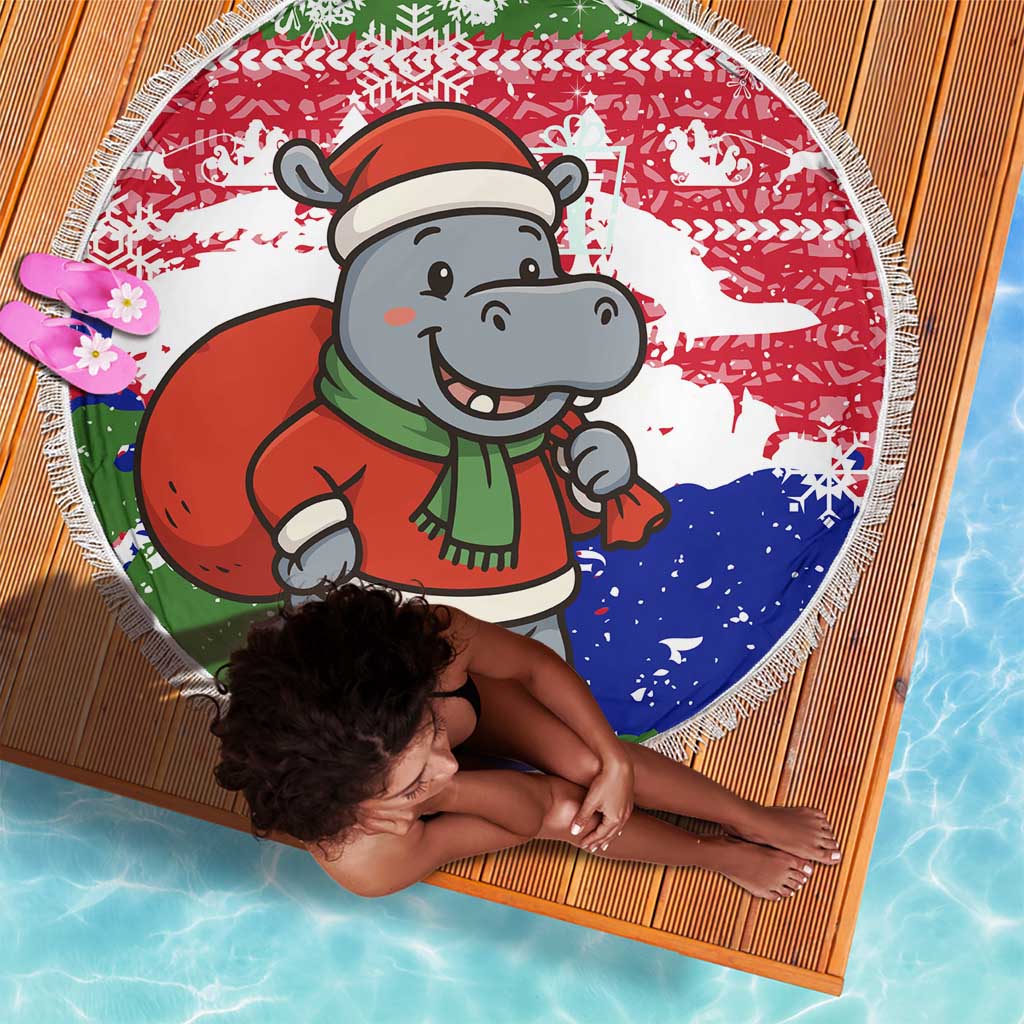 Gambia Christmas Beach Blanket Santa Hippo National Coat of Arms Snowflakes and Festive Holiday - African Pride