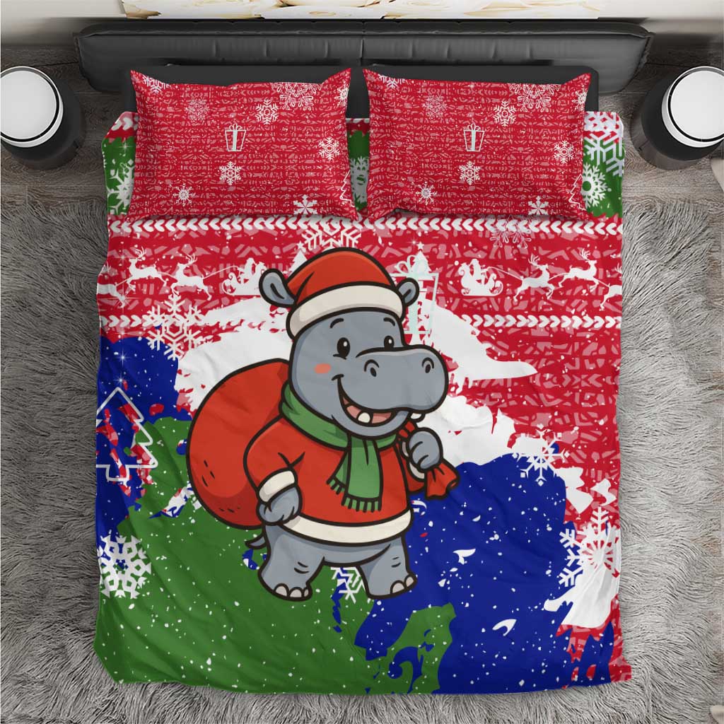 Gambia Christmas Bedding Set Santa Hippo National Coat of Arms Snowflakes and Festive Holiday - African Pride