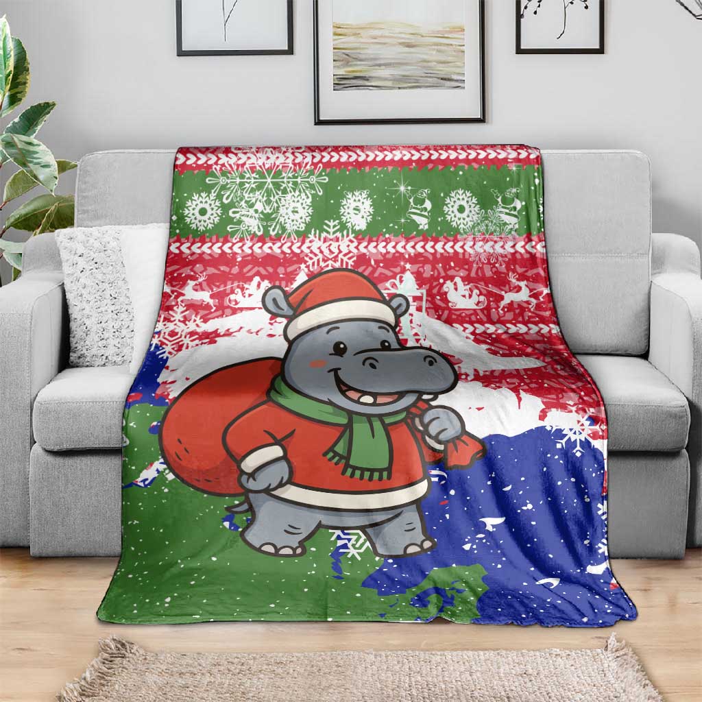 Gambia Christmas Blanket Santa Hippo National Coat of Arms Snowflakes and Festive Holiday - African Pride