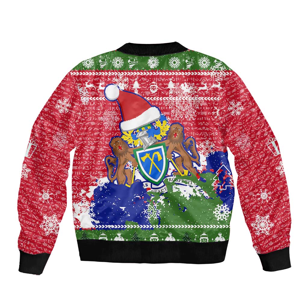 Gambia Christmas Bomber Jacket Santa Hippo National Coat of Arms Snowflakes and Festive Holiday - African Pride