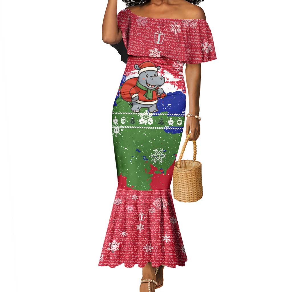 Gambia Christmas Mermaid Dress Santa Hippo National Coat of Arms Snowflakes and Festive Holiday - African Pride