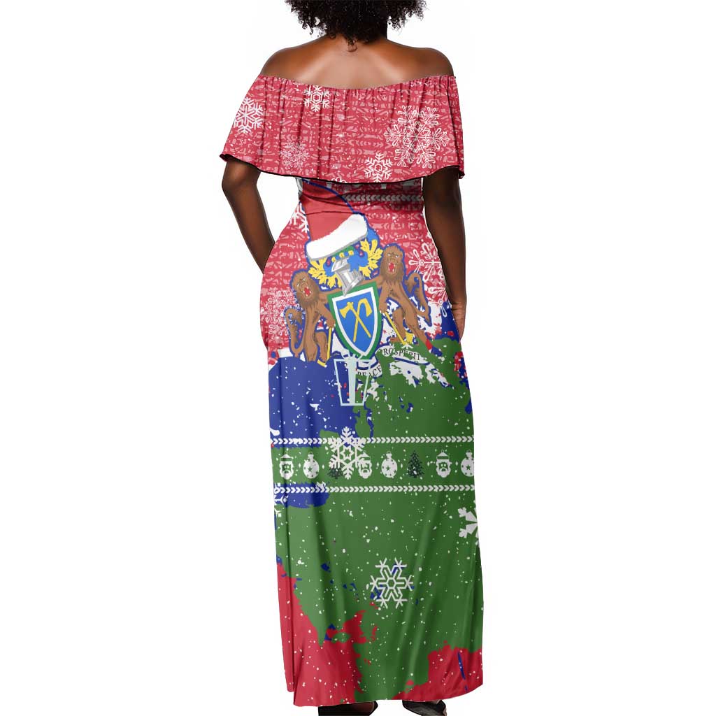 Gambia Christmas Off Shoulder Maxi Dress Santa Hippo National Coat of Arms Snowflakes and Festive Holiday - African Pride