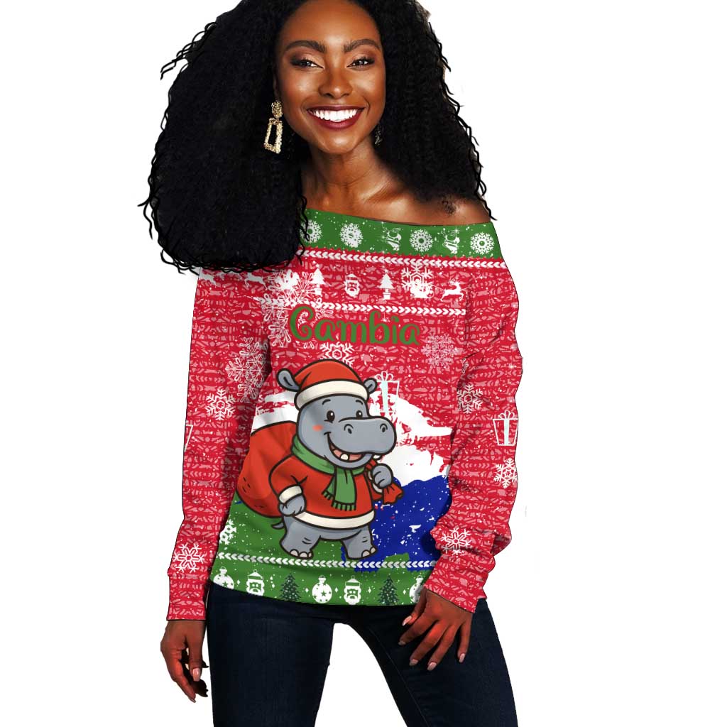 Gambia Christmas Off Shoulder Sweater Santa Hippo National Coat of Arms Snowflakes and Festive Holiday - African Pride