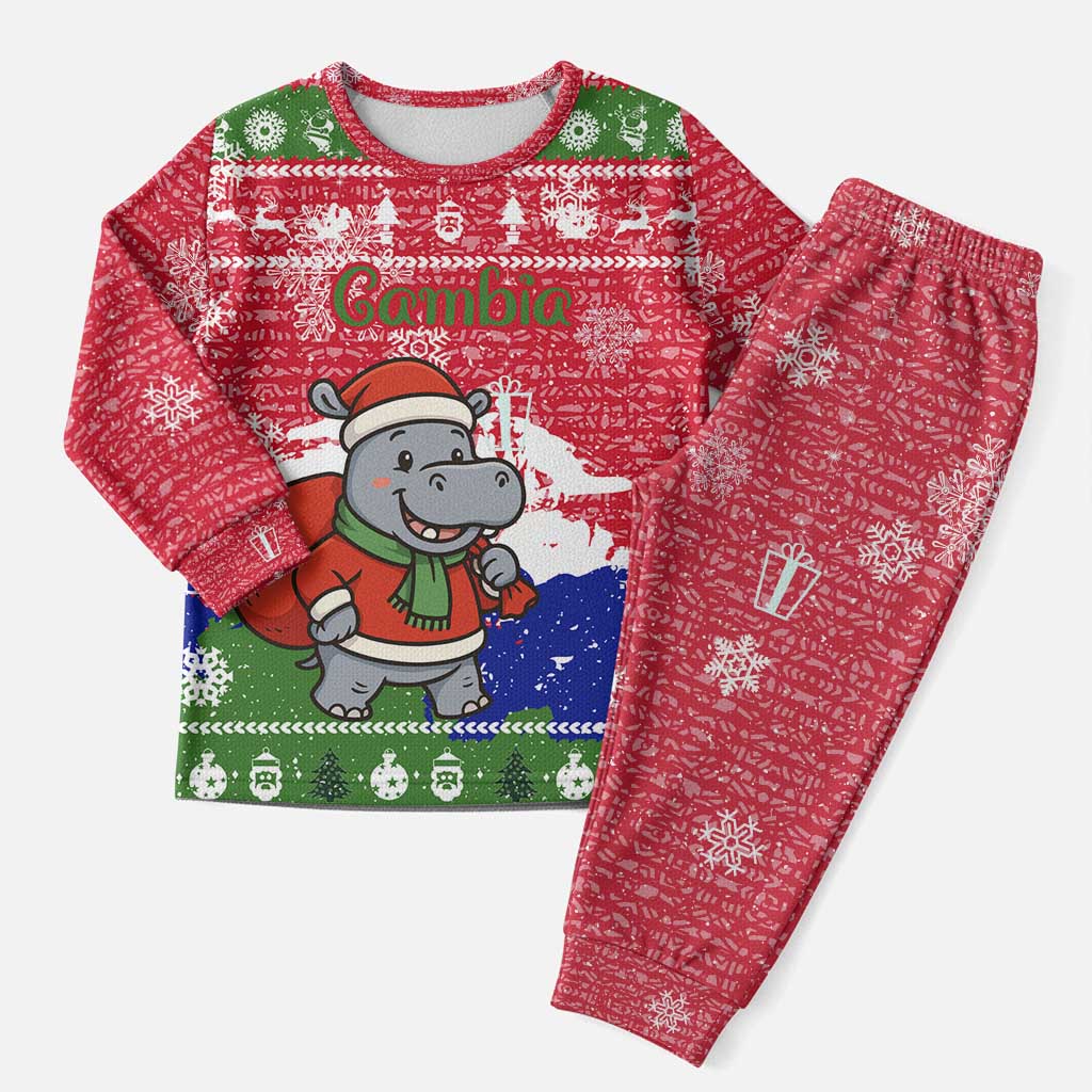 Gambia Christmas Pajama Set Santa Hippo National Coat of Arms Snowflakes and Festive Holiday - African Pride