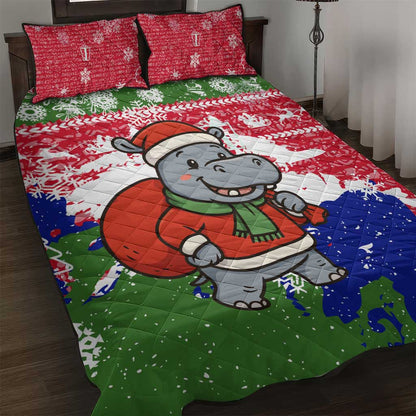 Gambia Christmas Quilt Bed Set Santa Hippo National Coat of Arms Snowflakes and Festive Holiday - African Pride