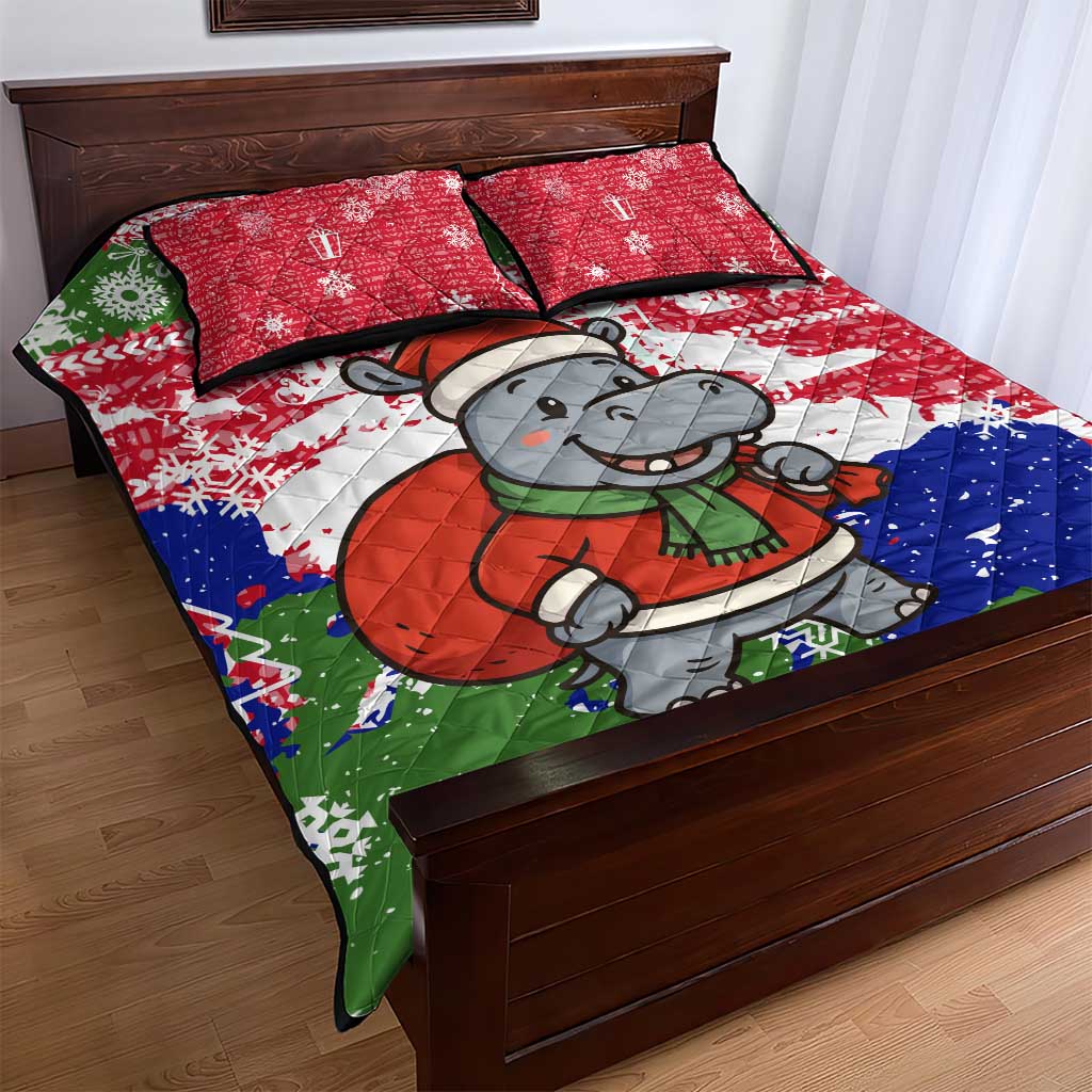 Gambia Christmas Quilt Bed Set Santa Hippo National Coat of Arms Snowflakes and Festive Holiday - African Pride