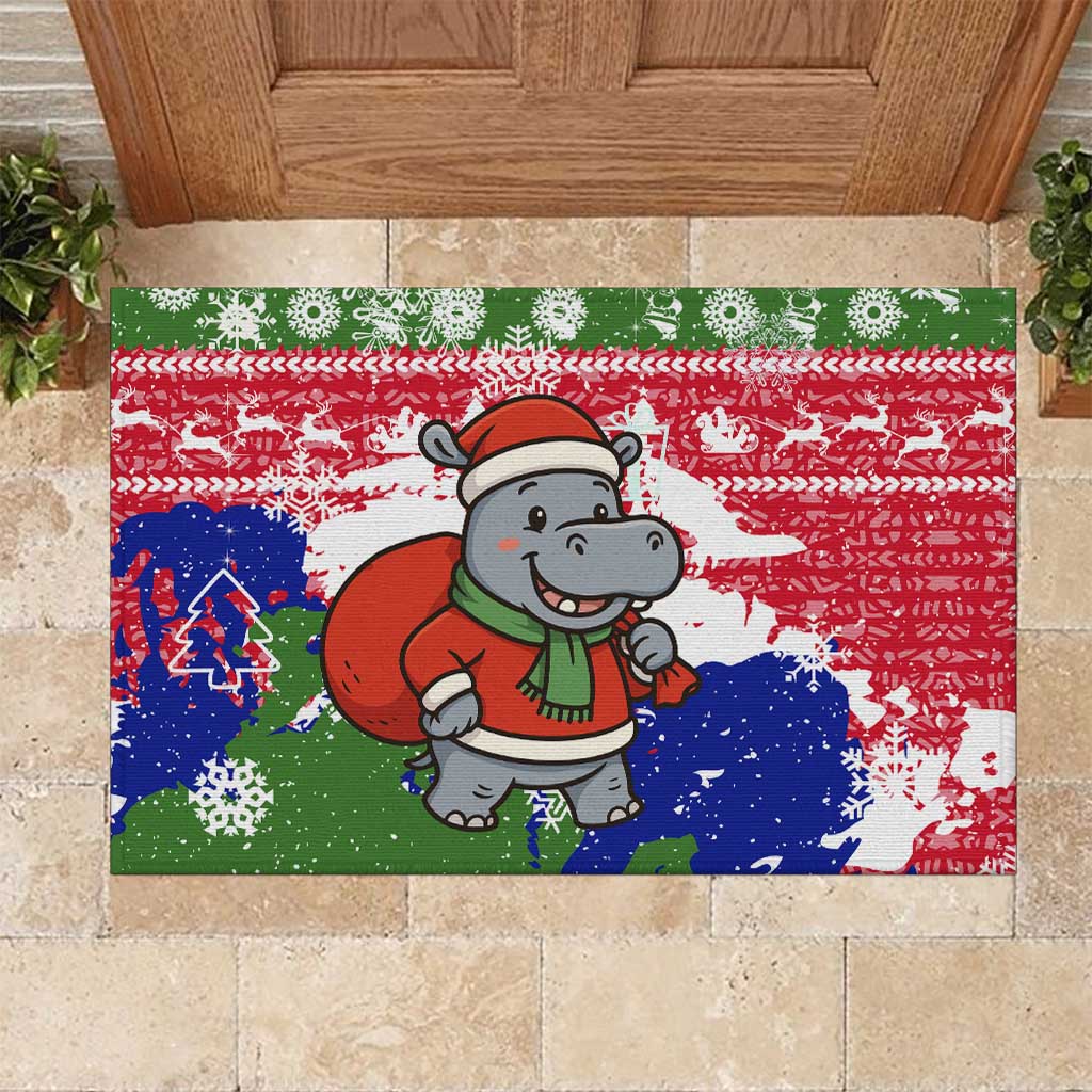 Gambia Christmas Rubber Doormat Santa Hippo National Coat of Arms Snowflakes and Festive Holiday - African Pride