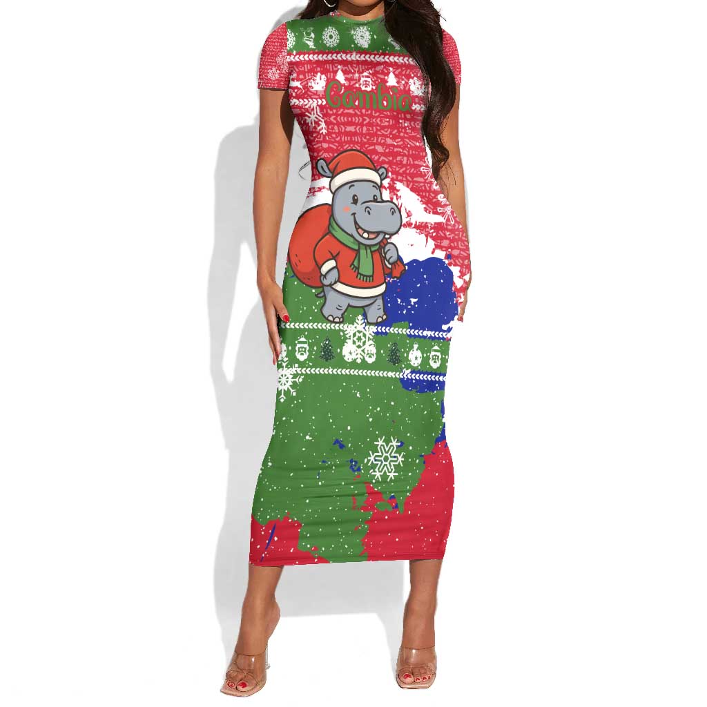 Gambia Christmas Short Sleeve Bodycon Dress Santa Hippo National Coat of Arms Snowflakes and Festive Holiday - African Pride
