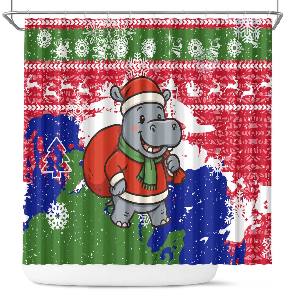 Gambia Christmas Shower Curtain Santa Hippo National Coat of Arms Snowflakes and Festive Holiday - African Pride