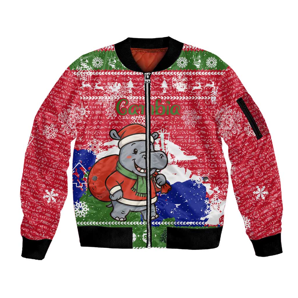 Gambia Christmas Sleeve Zip Bomber Jacket Santa Hippo National Coat of Arms Snowflakes and Festive Holiday - African Pride