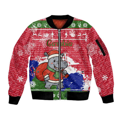Gambia Christmas Sleeve Zip Bomber Jacket Santa Hippo National Coat of Arms Snowflakes and Festive Holiday - African Pride