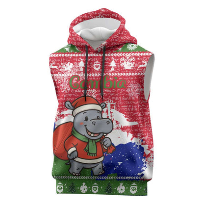 Gambia Christmas Sleeveless Hoodie Santa Hippo National Coat of Arms Snowflakes and Festive Holiday - African Pride