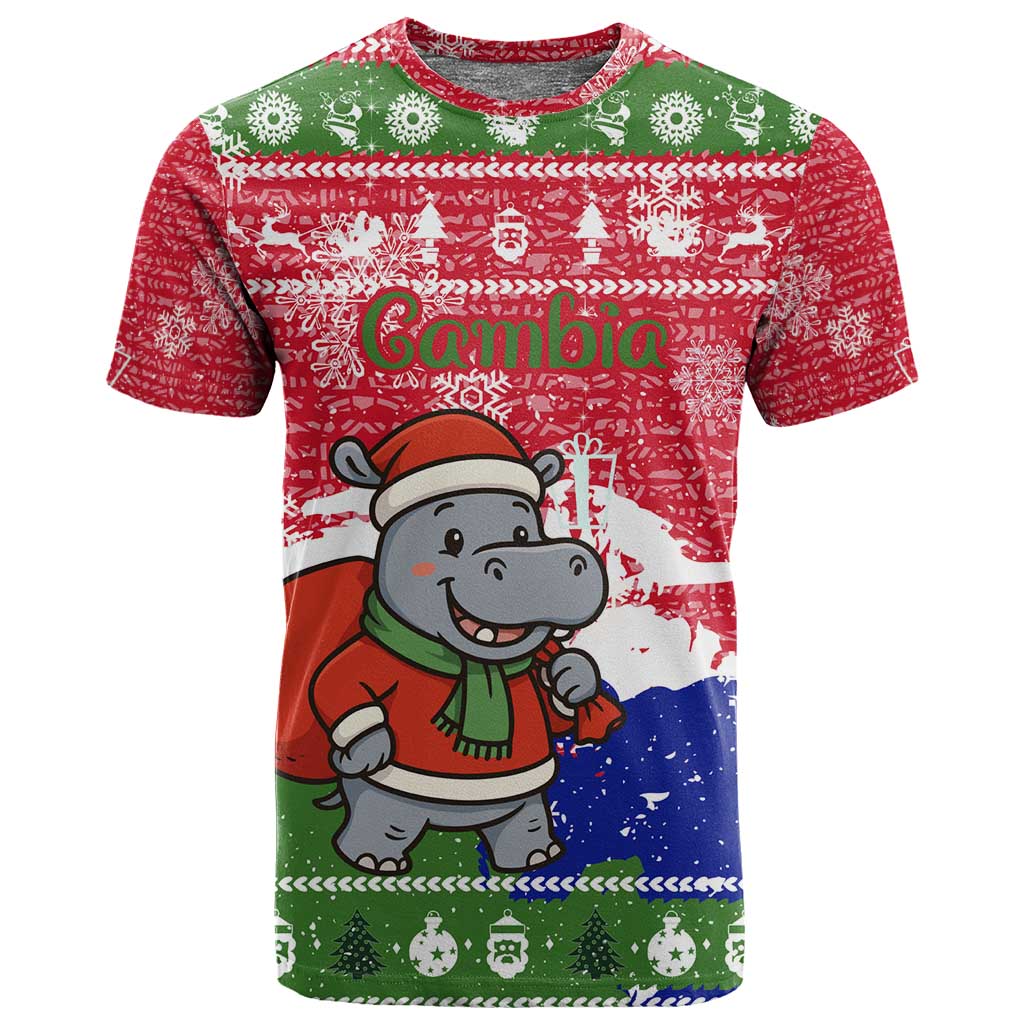 Gambia Christmas T shirt Santa Hippo National Coat of Arms Snowflakes and Festive Holiday - African Pride