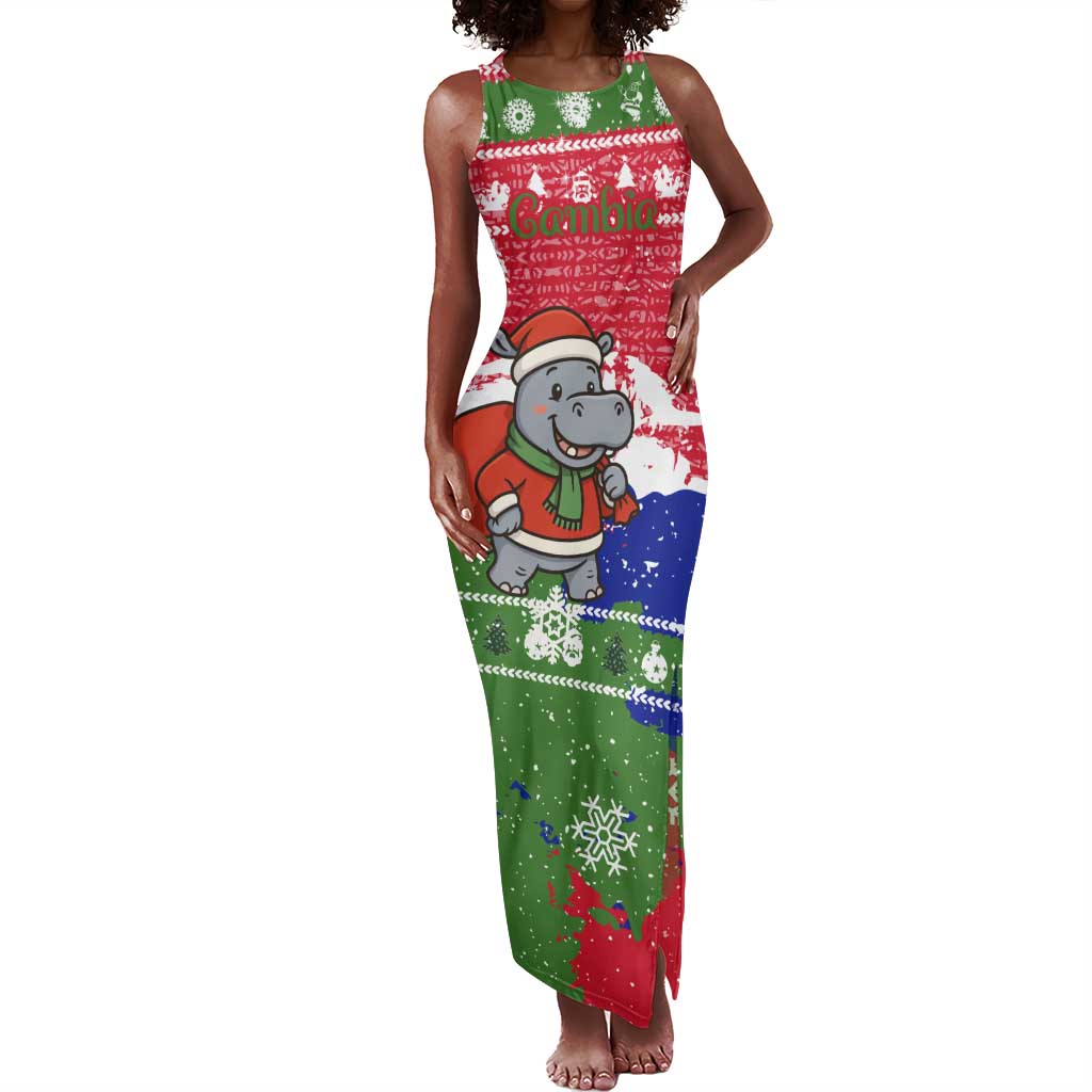 Gambia Christmas Tank Maxi Dress Santa Hippo National Coat of Arms Snowflakes and Festive Holiday - African Pride
