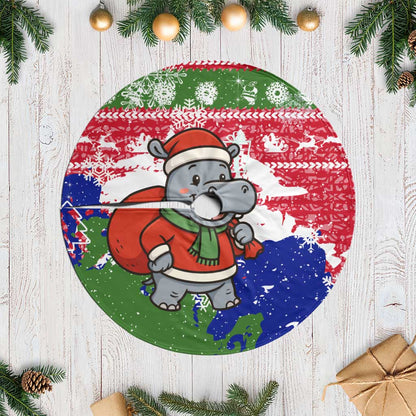 Gambia Christmas Tree Skirt Santa Hippo National Coat of Arms Snowflakes and Festive Holiday - African Pride