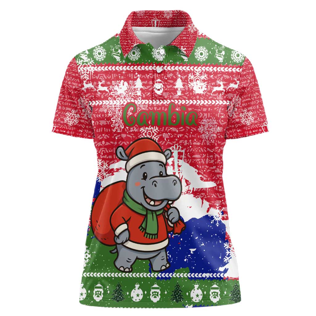 Gambia Christmas Women Polo Shirt Santa Hippo National Coat of Arms Snowflakes and Festive Holiday - African Pride