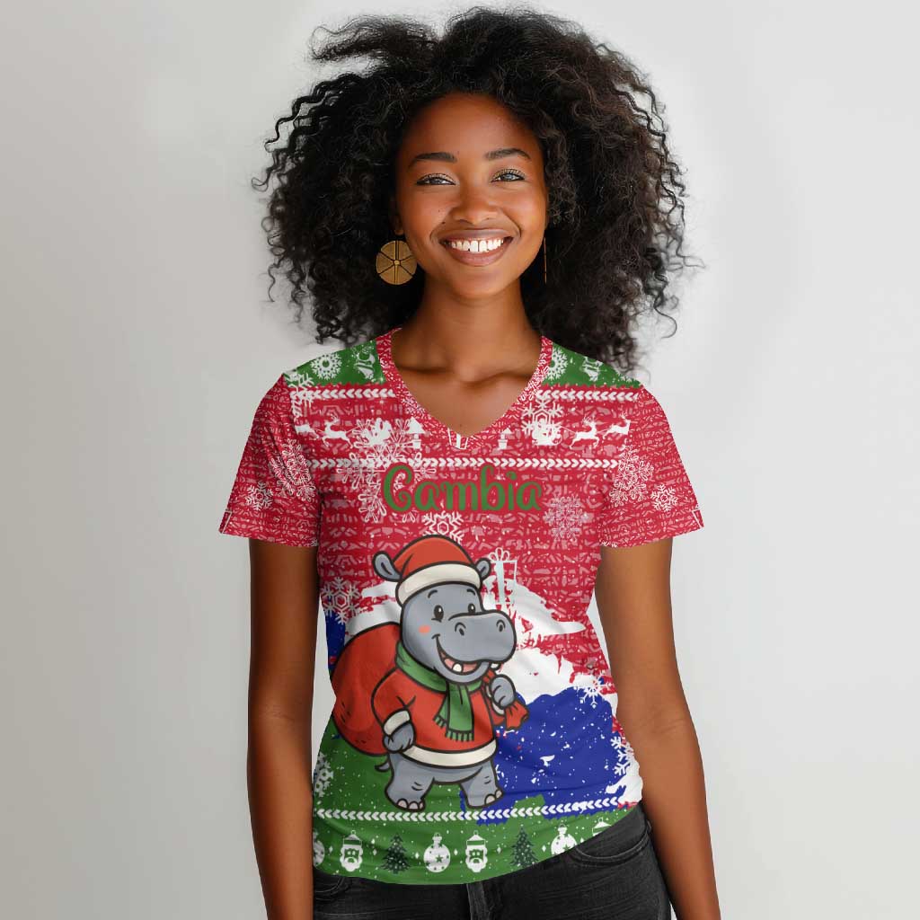 Gambia Christmas Women V-Neck T-Shirt Santa Hippo National Coat of Arms Snowflakes and Festive Holiday - African Pride