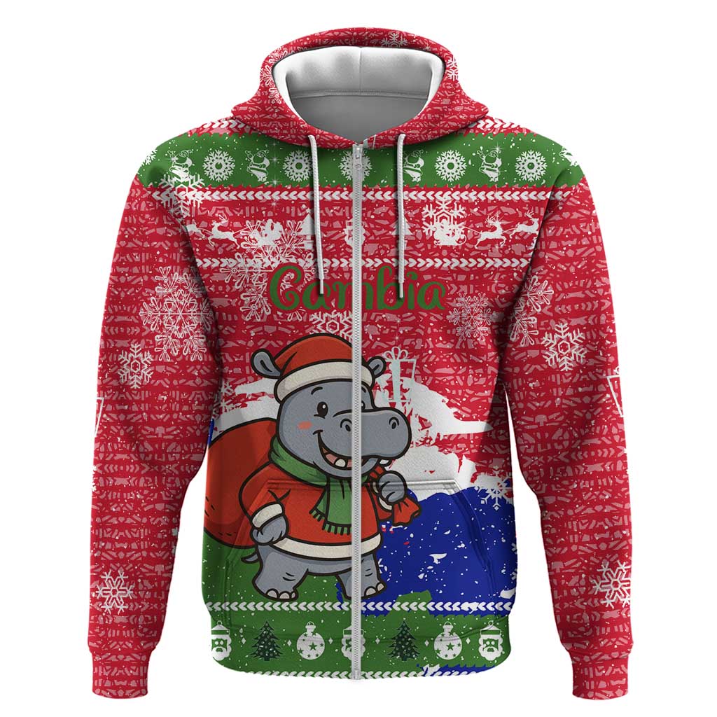 Gambia Christmas Zip Hoodie Santa Hippo National Coat of Arms Snowflakes and Festive Holiday - African Pride
