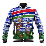 Gambia Christmas Baseball Jacket Santa Birds Gift Boxes Forest Scene and Snowflake - African Pride