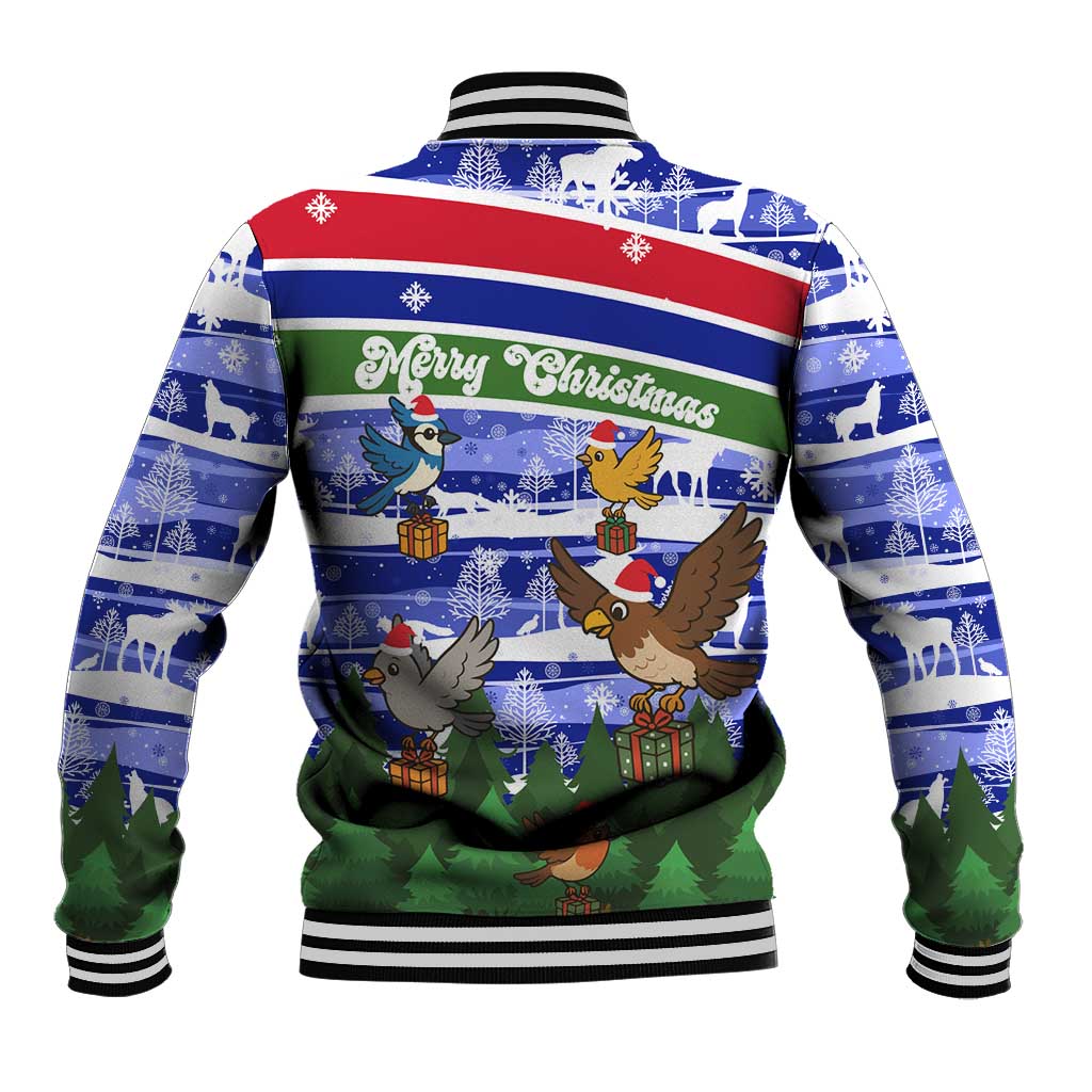 Gambia Christmas Baseball Jacket Santa Birds Gift Boxes Forest Scene and Snowflake - African Pride
